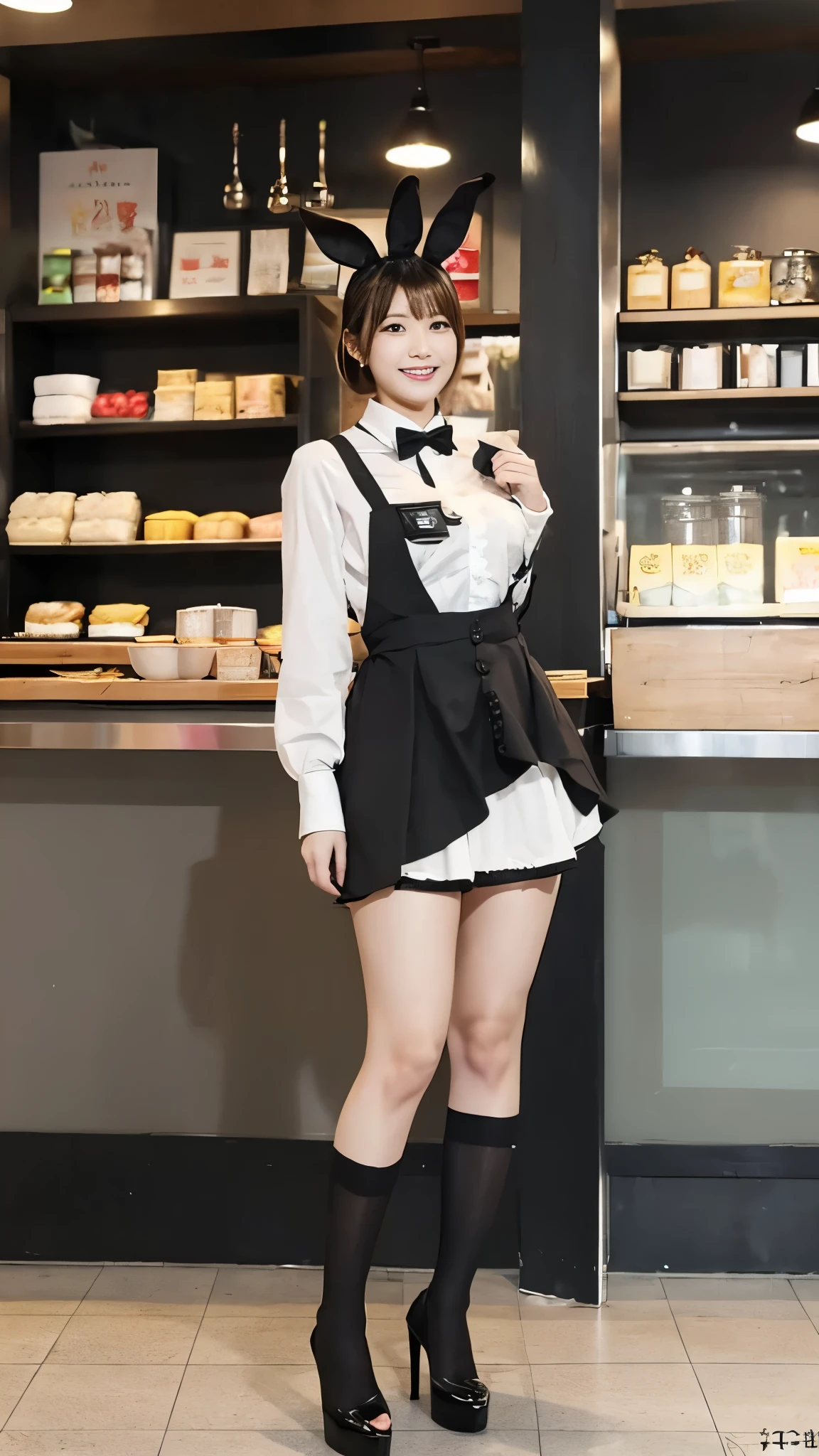 Bunny girl working at maid cafe:1.5,The best smile:1.5,Full Body Shot:1.5,Gray background:1.5,Wearing black high heels:1.5,