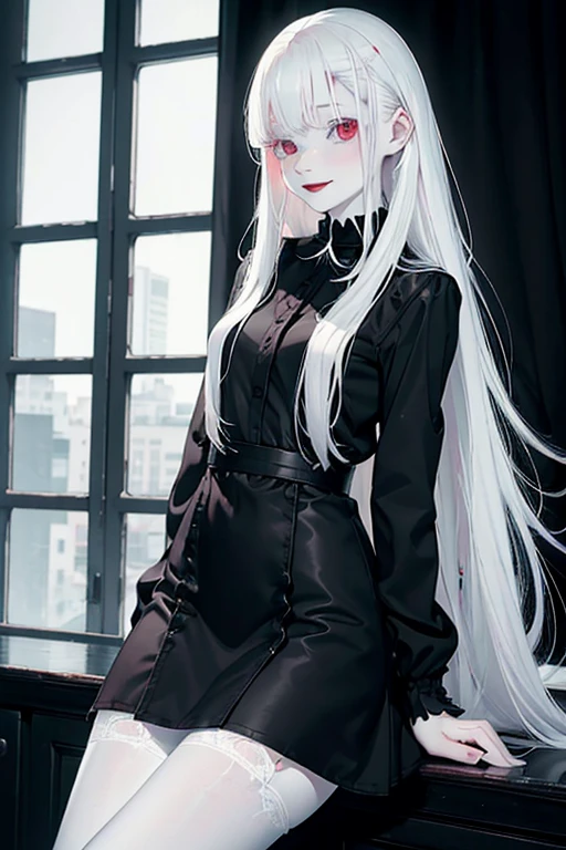 (black clothing), Cute 18 yo (albino:1.4)woman of Slavic descent.(short:1.1), , long white hair, gray eyes, ((very pale:1.4)). Innocent look. Gentle spirit.(virgin), (joy:1.2),(smile:1.3). (Playful:1.2). Mascara, eyeglasses, red lipstick, party dress, (black pantyhose), pumps.
