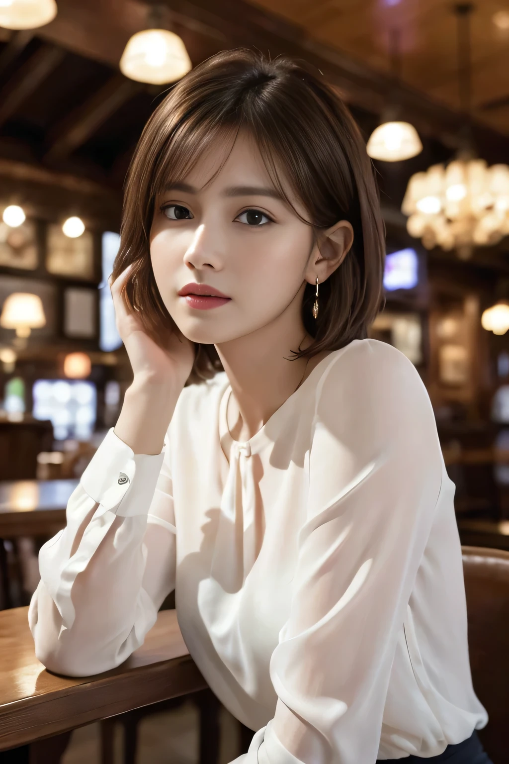 masterpiece, highest quality, Realistic, Very detailed, Finer details, High resolution, 8k wallpaper, One beautiful woman, Wear an elegant white see-through blouse, In a great pub restaurant, At night, Light brown shaggy haircut, Perfect dynamic composition, Beautiful and beautiful eyes、Big earrings、Sitting in a chair、
