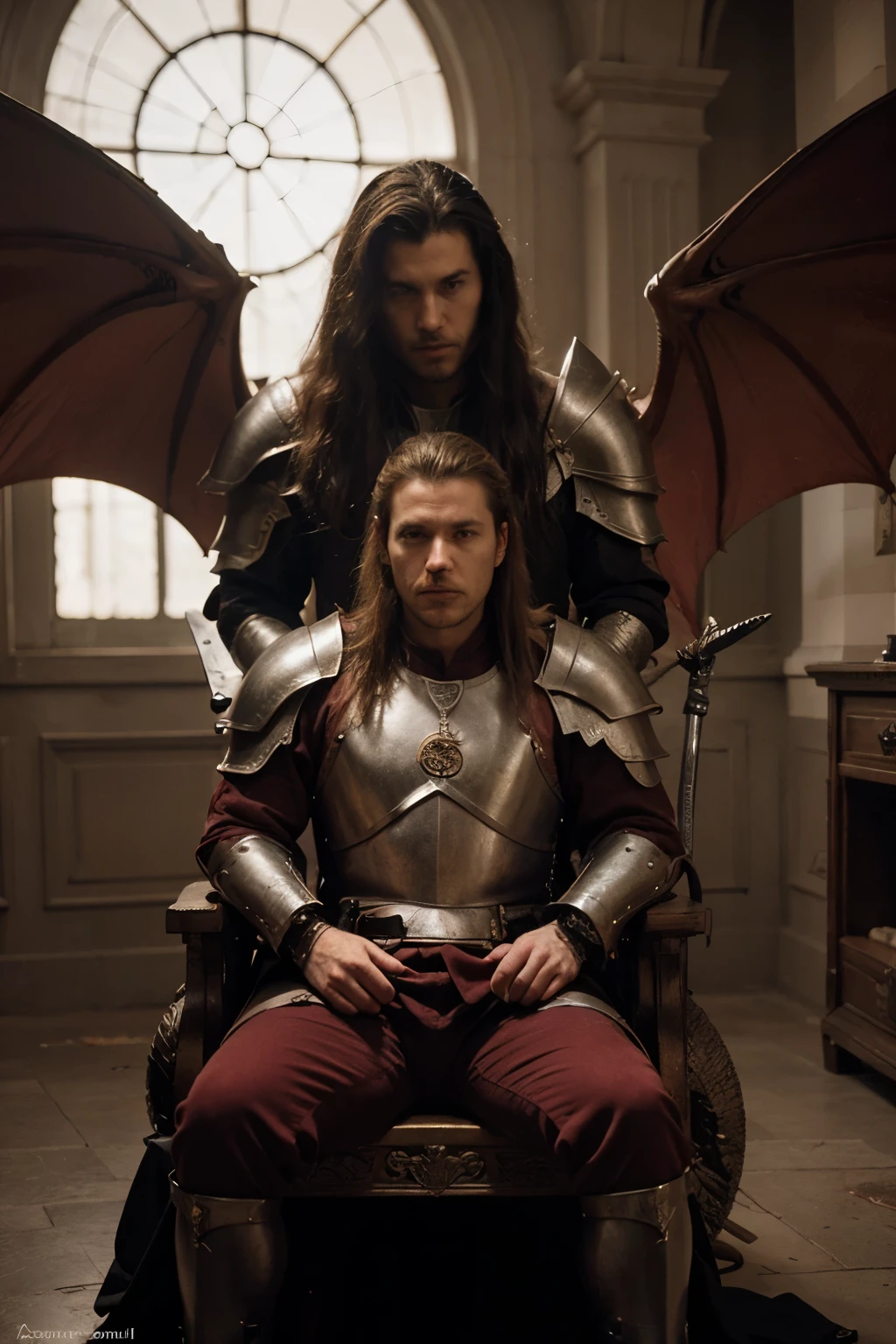 genera a una caballero con cabello dorado largo hasta el cuello, with armor full of blood with a three-headed dragon logo in the shape of a circle on the chest, The knight is sitting on a throne full of swords, in the background his large red dragon