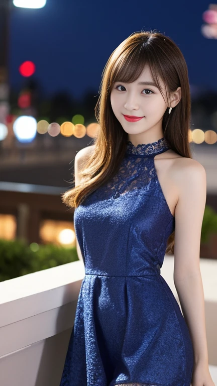 highest quality、8k wallpaper、Reality:1.4、Photographed by a professional photographer、Cinema Lighting、View your viewers、background:Night view spot、1 beautiful girl、Japanese Idol、19 years old、Beautifully detailed eyes、Detailed face、Beautiful Skin、Slender、Slim waist、Thin legs、Red lipstick、Light Hair:1.8、Blonde: 1.8、The light is shining on her hair、Fancy hairstyle:1.8、Asymmetrical bangs、lace fabric dresses 、smile:1.8、Seductive pose