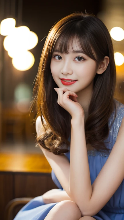 highest quality、8k wallpaper、Reality:1.4、Photographed by a professional photographer、Cinema Lighting、View your viewers、background:Night view spot、1 beautiful girl、Japanese Idol、19 years old、Beautifully detailed eyes、Detailed face、Beautiful Skin、Slender、Slim waist、Thin legs、Red lipstick、Light Hair:1.8、Blonde: 1.8、The light is shining on her hair、Fancy hairstyle:1.8、Asymmetrical bangs、lace fabric dresses 、smile:1.8、Seductive pose