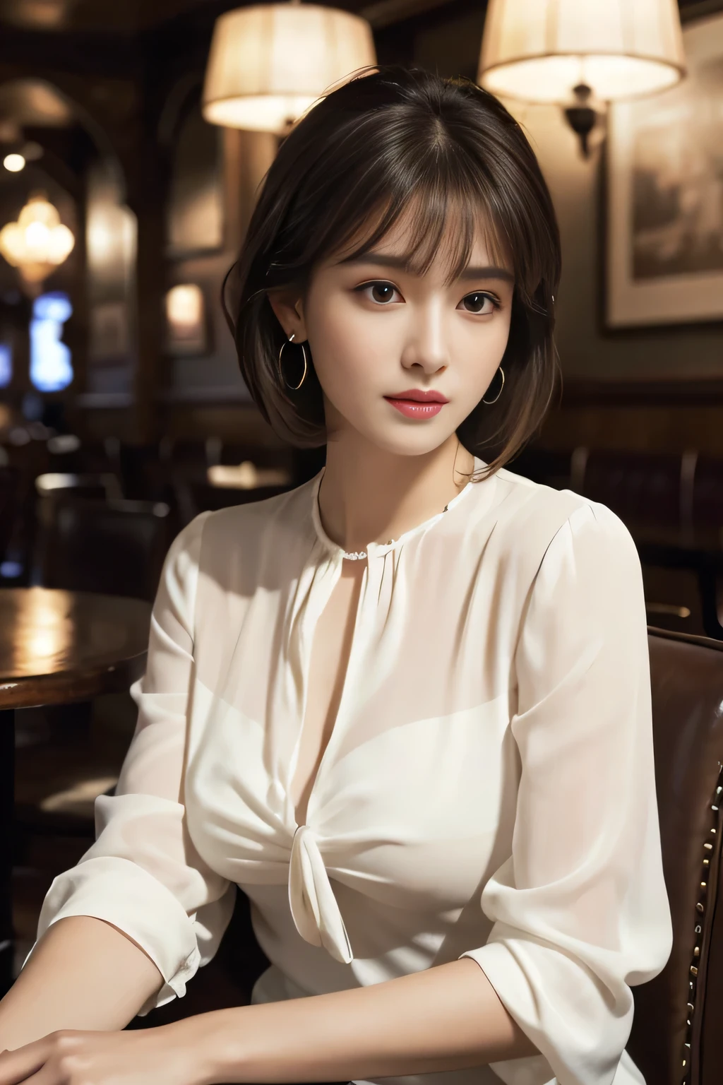 masterpiece, highest quality, Realistic, Very detailed, Finer details, High resolution, 8k wallpaper, One beautiful woman, Wear an elegant white see-through blouse, In a great pub restaurant, At night, Light brown shaggy haircut, Perfect dynamic composition, Beautiful and beautiful eyes、Big earrings、Sitting in a chair、
