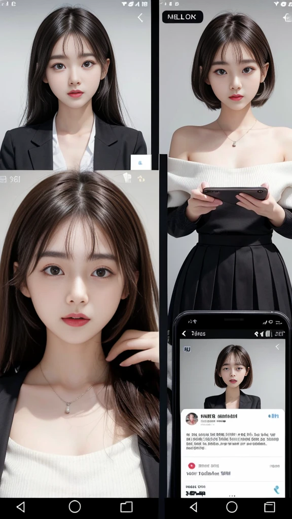  (high quality), (NSFW:1.2), Split screen vertically, 1 girl and 1 man are dating online by exchanging own photos and messages using a smartphone chatting app, 18 years old, korean, long distance relationship, The text is written in English., they weared korean high school uniforms, whole body, Focus your eyes on your phone screen and be happy, Upload your photos to an online community using a smartphone app, Men are crazy about her posts online, just like cartoon cuts., They&#39;re sending her messages asking to chat, You are amused by their reactions,  light makeup, slim figure, (girl weared thin and natural pantyhose : 1.9), (girl weared slim high_school uniform_pencil skirt and blouse : 1.6),(a man weared high school uniform_shirts and pants:1.5), (they weared school uniform_blazer and tie), separation of cuts, separation of scenes