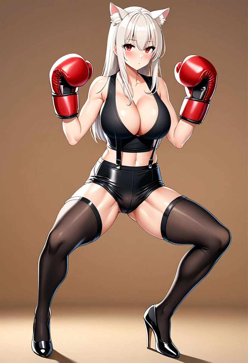high quality, beauty,White straight hair,Red Eyes,shy,blush,Wearing suspenders,Black stockings,High heel,Wearing boxing gloves,Cleava Breasts,Camel g legs,T,Vest line,Absolute Domain,Sexy pose,Cat ear
