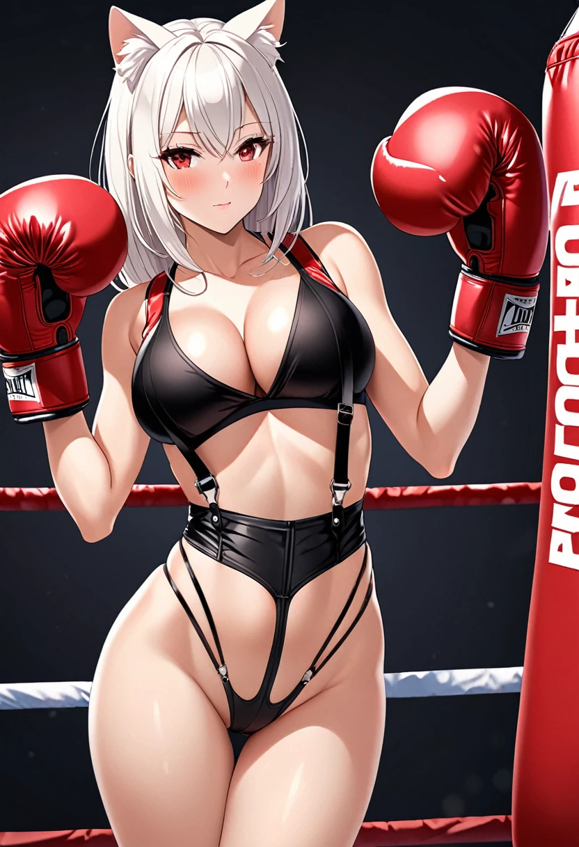 high quality,Mature beauty,White straight hair,Red Eyes,shy,blush,Wearing suspenders,Black stockings,High heel,Wearing boxing gloves,Cleavage,Large Breasts,Camel toe,Long legs,Thin waist,Vest line,Absolute Domain,Sexy pose,Cat ear