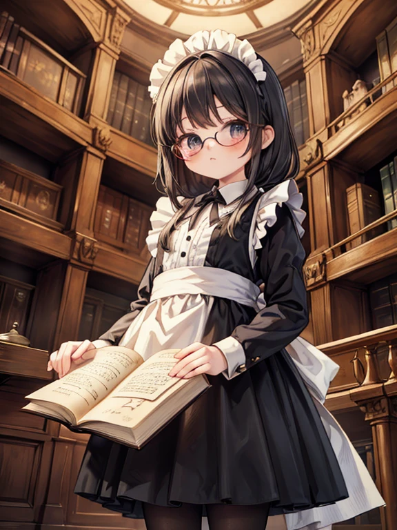 masterpiece, highest quality, Very detailed, 16k, Ultra-high resolution, Cowboy Shot, Detailed face, Perfect Fingers, 10 year old female,  black eye, Black Hair, Long Hair, Braid, Glasses, Black classic maid outfit, Luxurious Western-style building, library, Bookshelf, Book transportation, from below:1.7