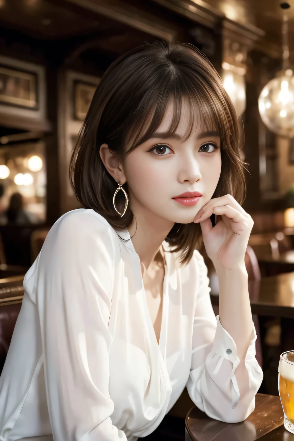 masterpiece, highest quality, Realistic, Very detailed, Finer details, High resolution, 8k wallpaper, One beautiful woman, Wear an elegant white see-through blouse, In a great pub restaurant, At night, Light brown shaggy haircut, Perfect dynamic composition, Beautiful and beautiful eyes、Big earrings、Sitting in a chair、