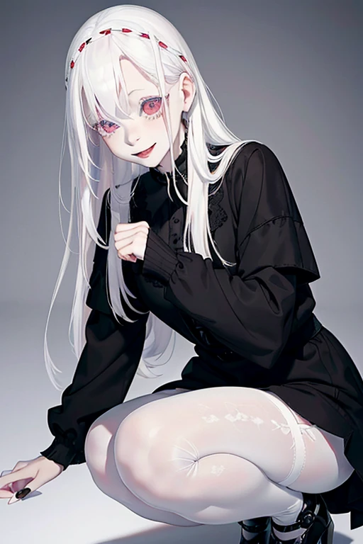 (black clothing), Cute 18 yo (albino:1.4)woman of Slavic descent.(short:1.1), , long white hair, gray eyes, ((very pale:1.4)). Innocent look. Gentle spirit.(virgin), (joy:1.2),(smile:1.3). (Playful:1.2). Mascara, eyeglasses, red lipstick, party dress, (black pantyhose), pumps.