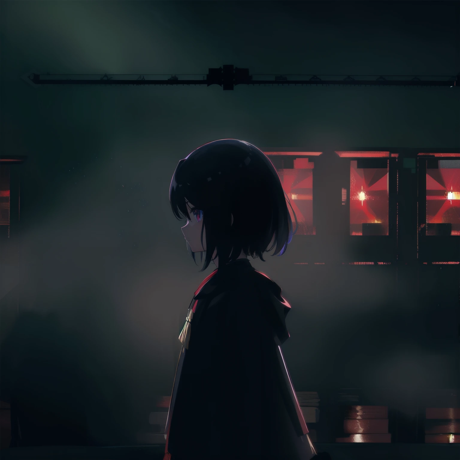 Reflect tooltip: женщина с красными eyeами стоит перед окном, trending on Pixiv, There'that scary atmosphere behind her., panoramic view of the girl in the center, Anime lighting, forced witness, Glass lid, heavy makeup, (screens),Beautiful silhouette of a girl with blood particles floating around her, illuminated by a flickering television monitor, which displays the mesmerizing image of an anime girl.,Conveying a sense of mystery and intensity,from a famous anime artist, with a dark and atmospheric background filled with screens and displays, but catches the viewer'eye,(Very long hair),(full width cinema screens and displays:1.4),(giant cinema screens and displays:1.6),(Bring your face closer:1.3), ((focus on the face:1.3)),((there are girls in giant cinema screens and displays:1.9)), ((fog:1.8)), (heavy fog 1.2), (soft drops of blood, tears), ((dark colors 1.6))