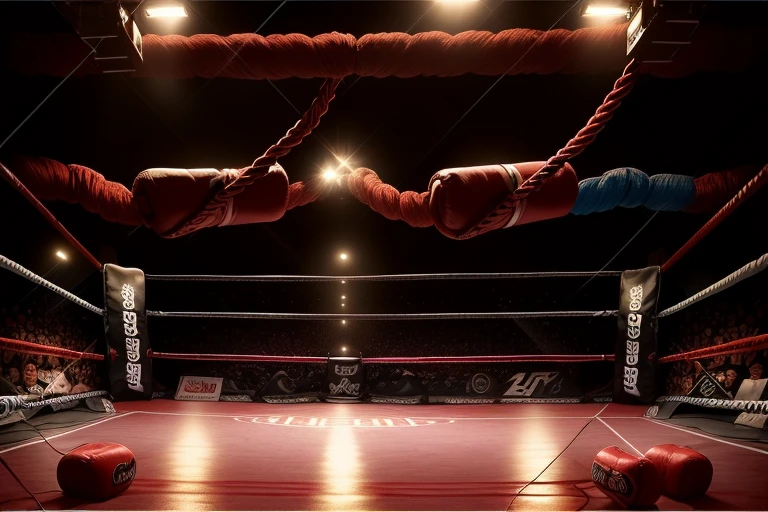 boxe ring with lights and ropes, boxe ring, fond d&#39;arène, Ring de boxe, scene background, toile de fond du Colisée vide , in a boxe ring,  boxe, boxe match, scene,  projecteur, barre d&#39;background, spot et projecteur au plafond  fond dramatique, atmospheric perspective, glowing light, 8k, super detail, best quality, masterpiece