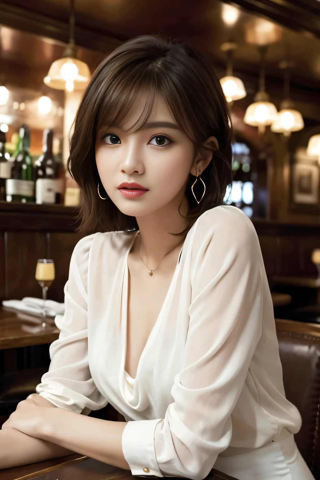 masterpiece, highest quality, Realistic, Very detailed, Finer details, High resolution, 8k wallpaper, One beautiful woman, Wear an elegant white see-through blouse, In a great pub restaurant, At night, Light brown shaggy haircut, Perfect dynamic composition, Beautiful and beautiful eyes、Big earrings、Sitting in a chair、