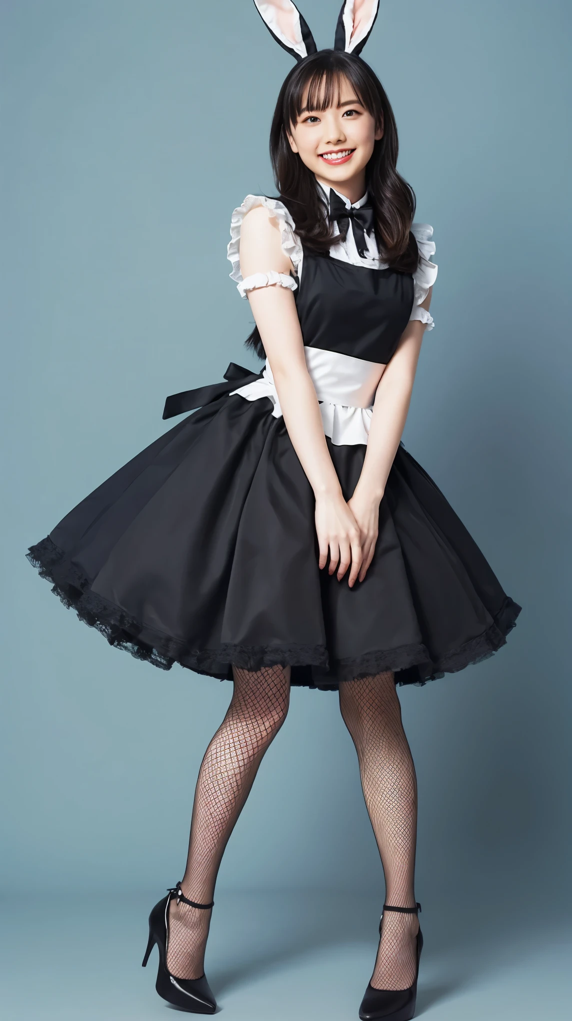 Bunny girl in maid costume:1.5,Wearing light blue fishnet tights:1.5,The best smile:1.5,Full Body Shot:1.5,Gray background:1.5,Wearing black high heels:1.5,