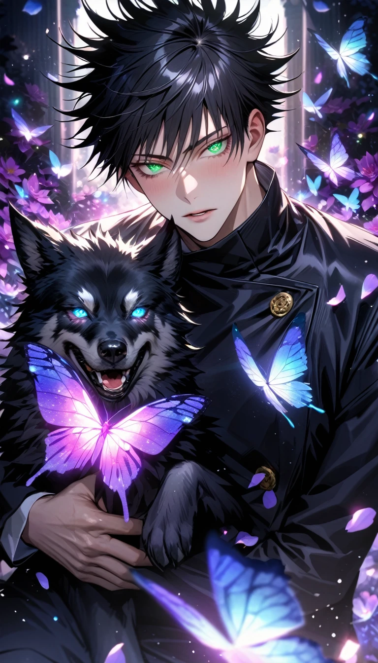 Ultra detailed, Highres, absurdres, HDR, master piece, Fushiguro Megumi, black hair, expressive green eyes, Jujutsu Kaisen, black long coat with patterns, purple ice flowers, petals, extremely handsome, sexy man, extremely detailed eyes and face, purple ice, purple ice glittering butterflies, black tight t-shirt, realistic face, glittering, glittering eyes, hugging a black wolf,