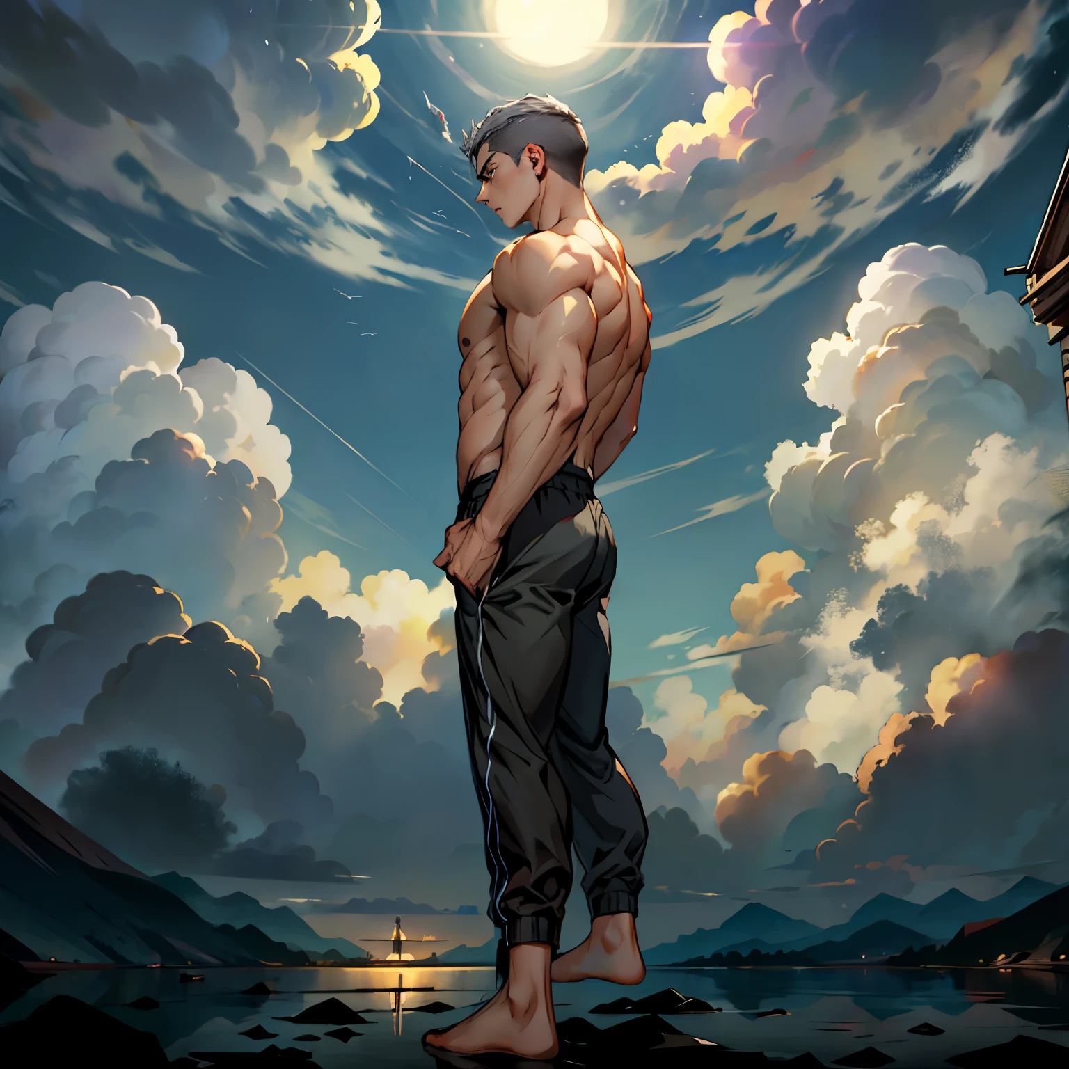 1boys, Full body, Serious face, brown eyes,((gray hair)), high-cut hair, neck short hair, wearing black sleeveless shirt, black tracksuit pants, black hair, levitate on sky, blue sky, cloud, side back view