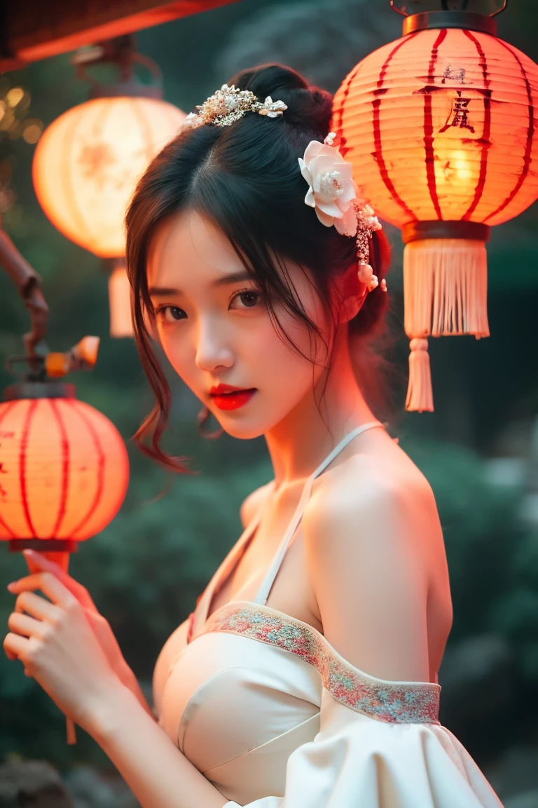 hands_, 1girl, lantern, hair ornament, flower, hair flower, paper lantern, black hair, red lips, looking at viewer, chinese clothes, large breasts, holding, dress, blurry, solo focus, long hair, black eyes, realistic, bare shoulders, white dress, lips, night, lipstick, outdoors, upper body, blurry background, solo, makeup, hair bun
