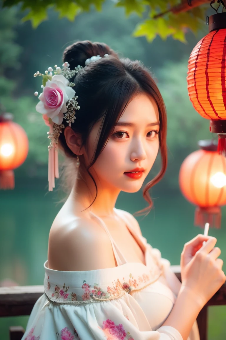 hands_, 1girl, lantern, hair ornament, flower, hair flower, paper lantern, black hair, red lips, looking at viewer, chinese clothes, large breasts, holding, dress, blurry, solo focus, long hair, black eyes, realistic, bare shoulders, white dress, lips, night, lipstick, outdoors, upper body, blurry background, solo, makeup, hair bun