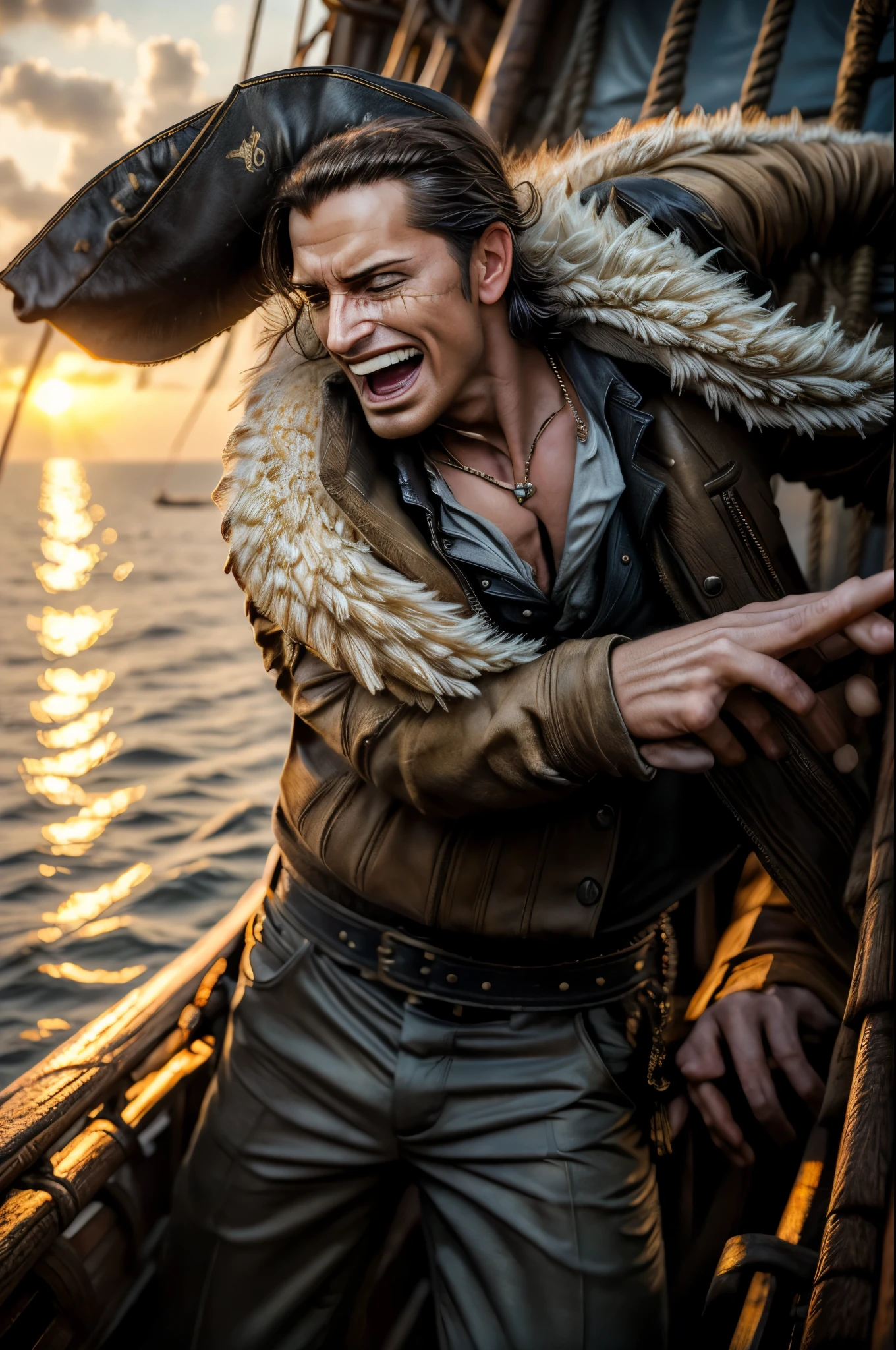 masterpiece, best quality, extremely detailed, hyperrealistic, photorealistic, a cool 40s man, ultra detailed face:1.2, fur-trimmed coat, scarf around the neck, his left hand is a golden pirate hook:1.1, on ship, in the sunrise, dancing, artistic pose, laughing
