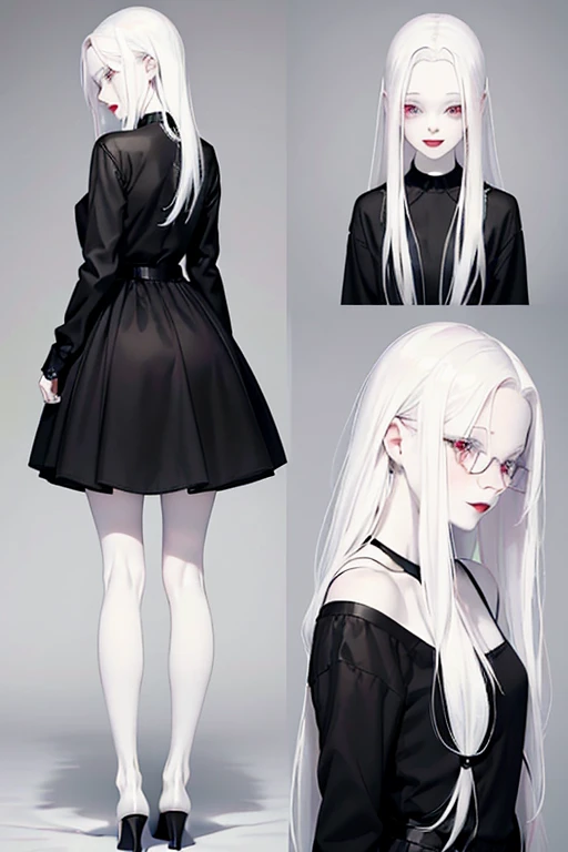 (back view),(black clothing), Cute 18 yo (albino:1.4)woman of Slavic descent.(short:1.1), , long white hair, gray eyes, ((very pale:1.4)). Innocent look. Gentle spirit.(virgin), (joy:1.2),(smile:1.3). (Playful:1.2). Mascara, eyeglasses, red lipstick, party dress, (black pantyhose), pumps.