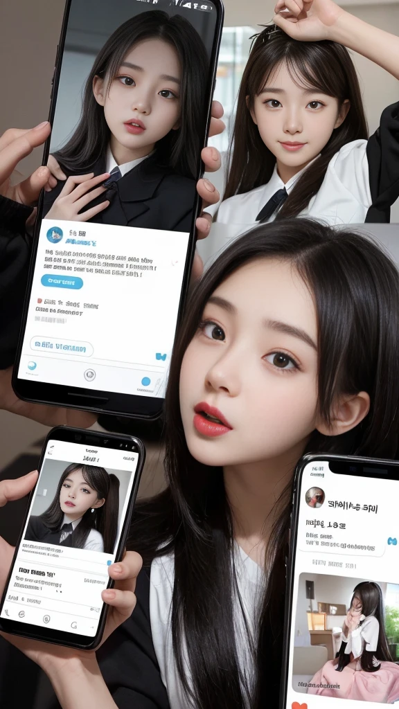 (high quality), (NSFW:1.2), Split screen vertically, 1 girl and 1 man are dating online by exchanging own photos and messages using a smartphone chatting app, 18 years old, korean, long distance relationship, The text is written in English., they weared korean high school uniforms, whole body, Focus your eyes on your phone screen and be happy, Upload your photos to an online community using a smartphone app, Men are crazy about her posts online, just like cartoon cuts., They're sending her messages asking to chat, You are amused by their reactions, light makeup, slim figure, (girl weared thin and natural pantyhose : 1.9), (girl weared slim high_school uniform_pencil skirt and blouse : 1.6),(a man weared high school uniform_shirts and pants:1.5), (they weared school uniform_blazer and tie), separation of cuts, separation of scenes