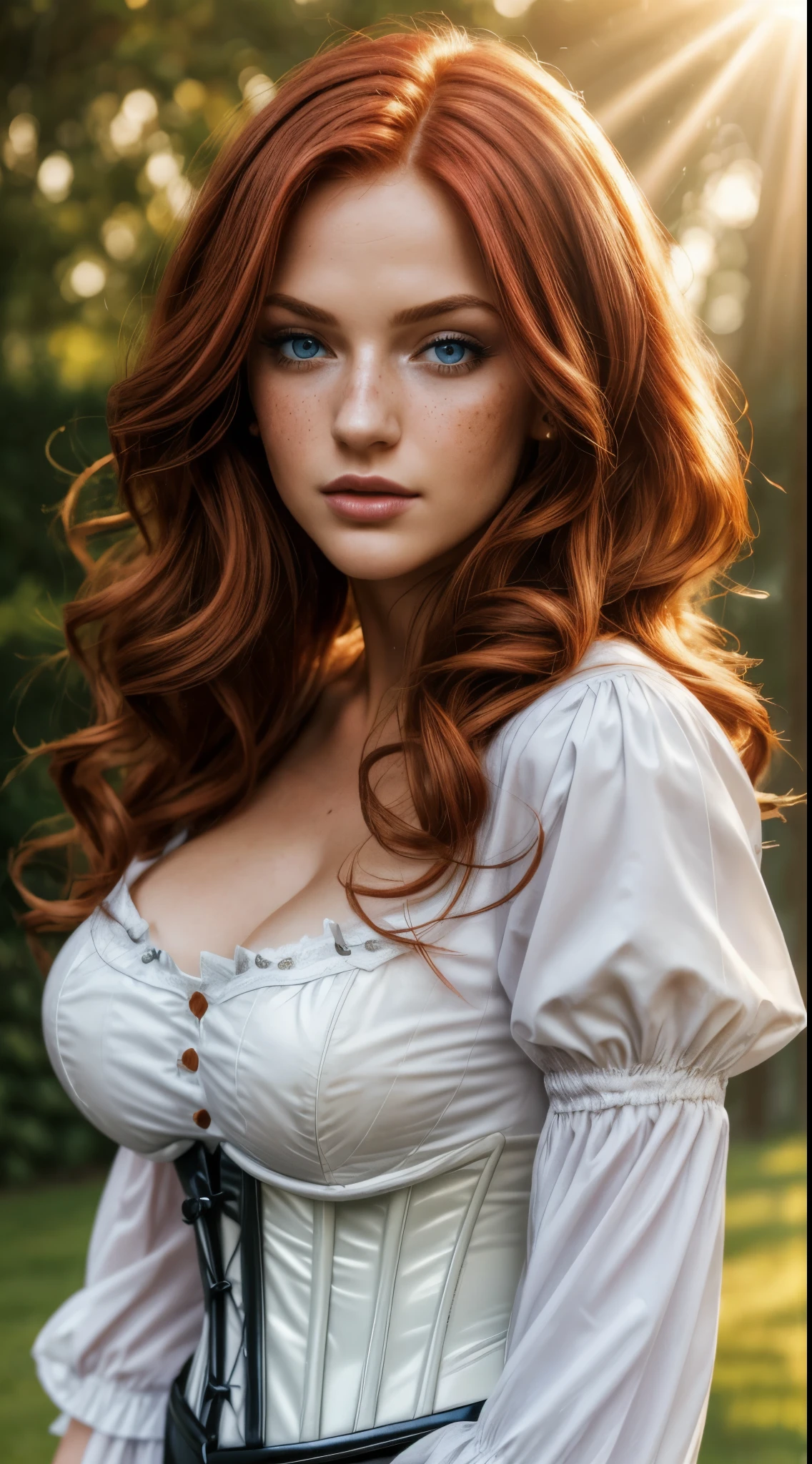 ((miss fortune)), ((very detailed face)), ((masterpiece)), ((sunlight through hair)), bright background, caucasian girl, long red hair, blue eyes, huge breasts, blushing, looking at viewer seductively, wearing tight white blouse with corset, light freckles