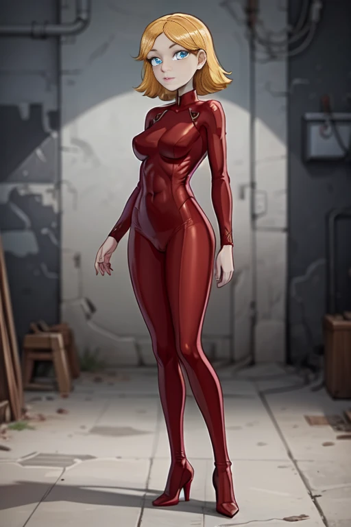 (masterpiece, best quality, ultra-detailed), CloverTS, (pale skin:1.2), blue eyes, blonde hair, short hair, medium breasts, red bodysuit, long sleeve, (portrait shot, full body), looking at viewer