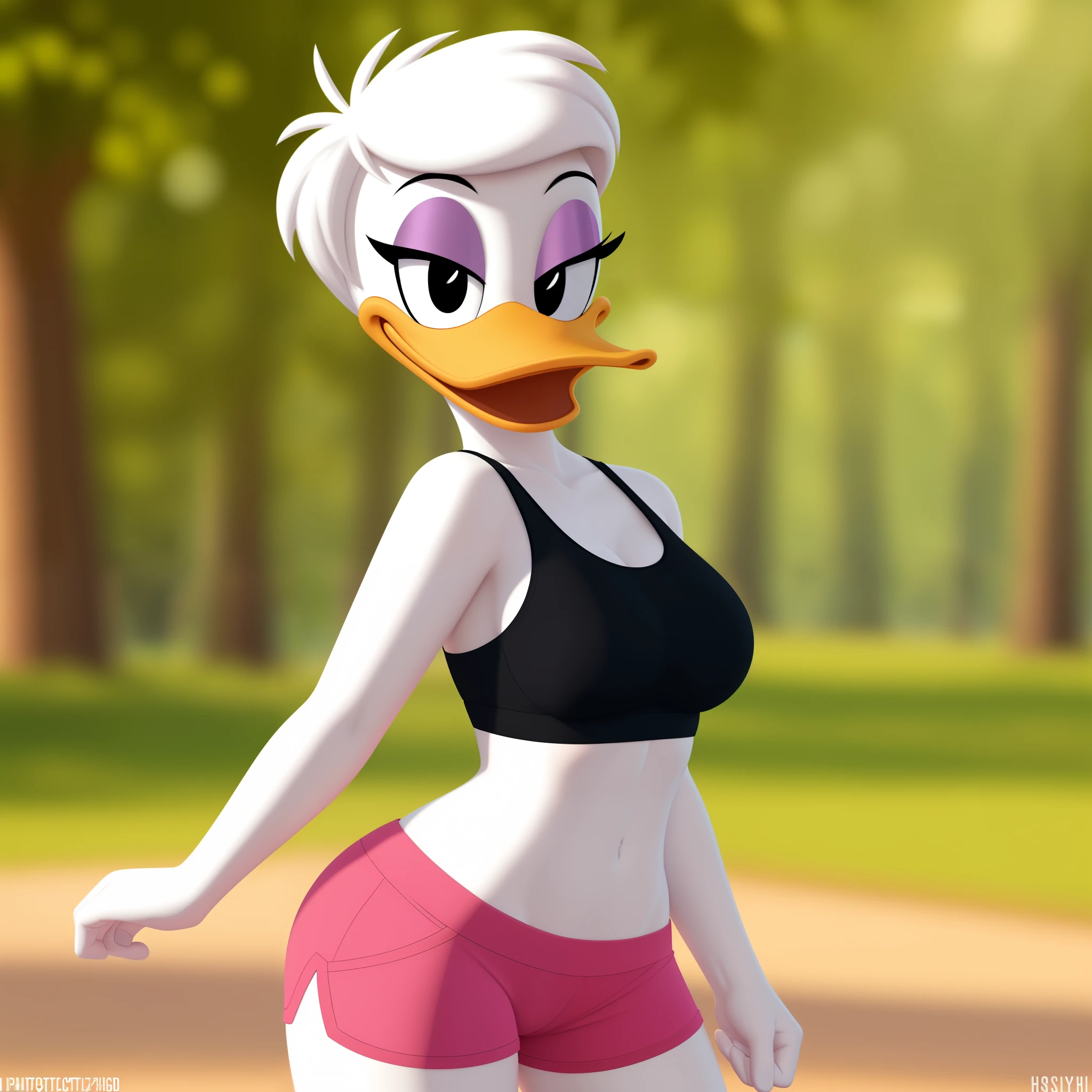 photorealism, female daisy duck, detailed background, outside, eyeshadow, white hair, hairstyle,
wear sports bra, pink shorts, looking at you, silly, showing her torso
simple black eyes, detailed, intricate,
8k hd, highest quality, (detailed white skin:1.3) (soft cinematic light:1.1) ,