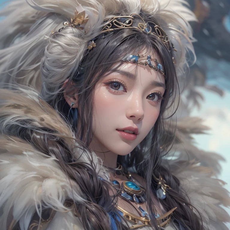 Hiding in the snowy mountains、Hair flow、 ((highest quality、masterpiece、8k、Best image quality、Ultra-high resolution、Award-winning works)、(Accurate anatomy:1.1)、(Look at me and smile:1.1)、Shining fair skin with Ultra-high resolution、The most detailed face、Ultra-high resolution detailed face、Ultra-high resolutionの髪の毛、(Ultra-high resolutionの煌めく瞳:1.1)、Beautiful face drawn in every detail、(Blurred Background:1.1)、Ancient Inuit clothing, Chest to chest, tattoo, Old ruins in the background、Apart from the real giant eagle
