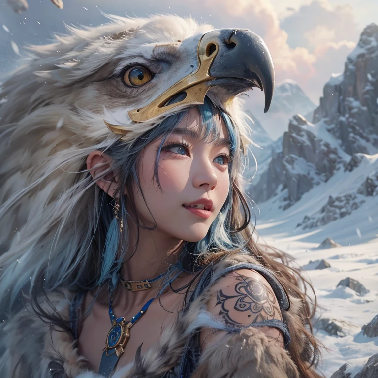 Hiding in the snowy mountains、Hair flow、 ((highest quality、masterpiece、8k、Best image quality、Ultra-high resolution、Award-winning works)、(Accurate anatomy:1.1)、(Look at me and smile:1.1)、Shining fair skin with Ultra-high resolution、The most detailed face、Ultra-high resolution detailed face、Ultra-high resolutionの髪の毛、(Ultra-high resolutionの煌めく瞳:1.1)、Beautiful face drawn in every detail、(Blurred Background:1.1)、Ancient Inuit clothing, Chest to chest, tattoo, Old ruins in the background、Apart from the real giant eagle