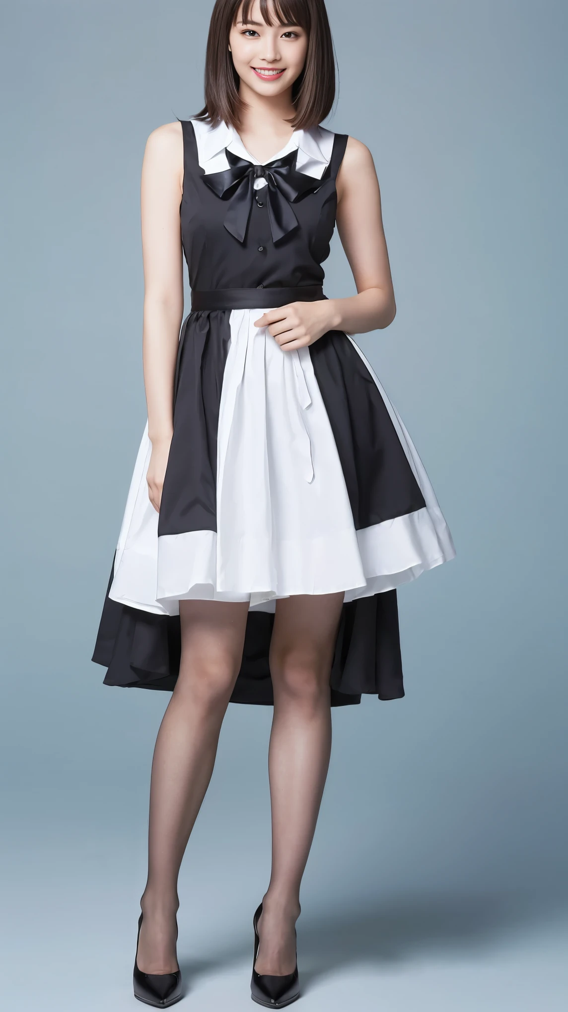 Bunny girl in maid clothes:1.5,Wearing light blue fishnet stockings:1.5,The best smile:1.5,Full Body Shot:1.5,Gray background:1.5,Wearing black high heels:1.5,