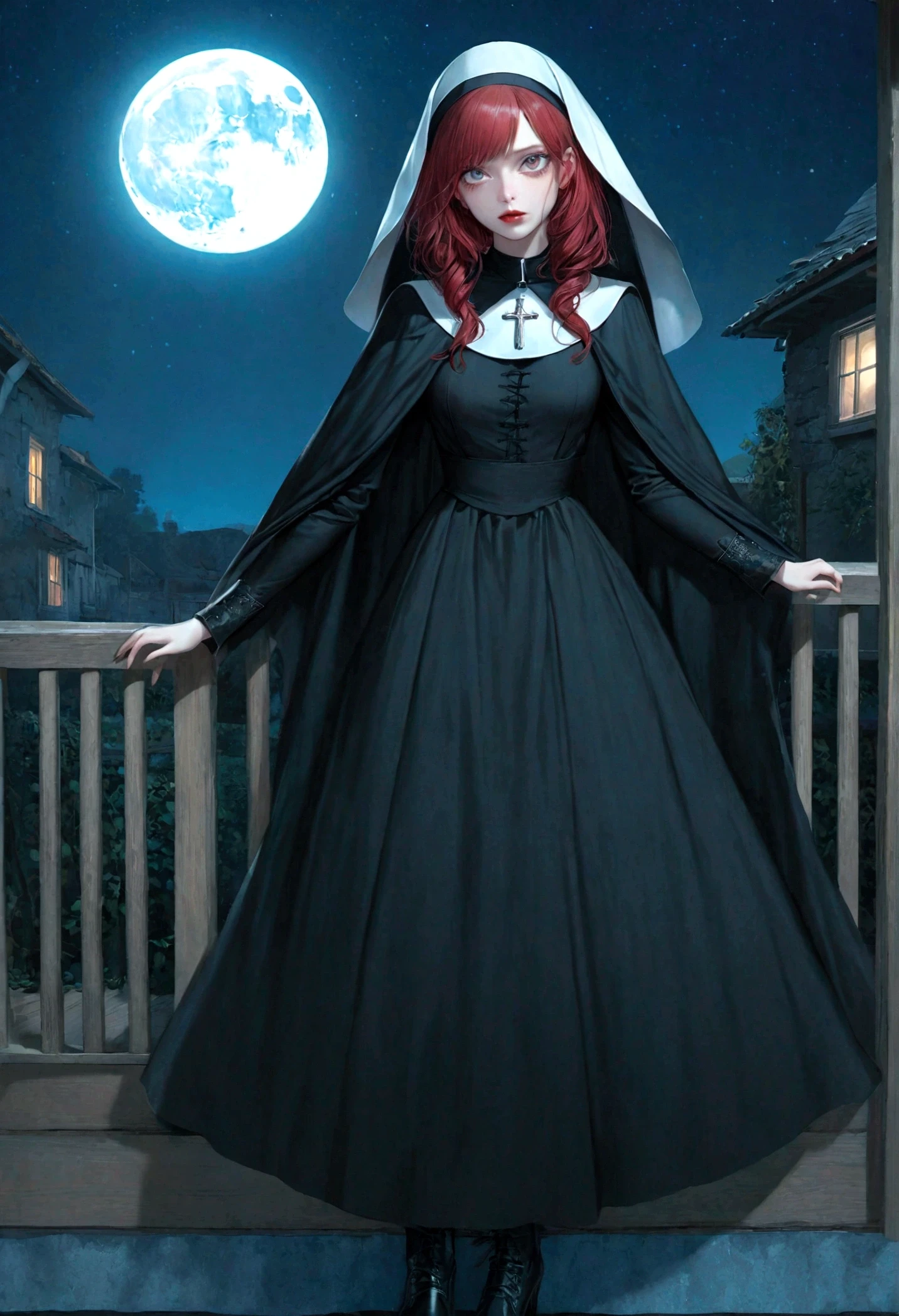 a picture of an exquisite beautiful female (nun: 1.3) vampire standing under the starry night sky on the porch of her monastary, action shot, dynamic angle (ultra detailed, Masterpiece, best quality), ultra detailed face (ultra detailed, Masterpiece, best quality), ultra feminine, (pale skin: 1.3), red hair, wavy hair, dynamic eyes color, cold eyes, glowing eyes, intense eyes, dark red lips, [fangs], wearing white nun habit (ultra detailed, Masterpiece, best quality), wearing blue cloak (ultra detailed, Masterpiece, best quality), long cloak, flowing cloak (ultra detailed, Masterpiece, best quality), wearing high heeled boots, sky full of stars background, moon, bats flying about, action shot, high details, best quality, 16k, [ultra detailed], masterpiece, best quality, (ultra detailed), full body, ultra wide shot, photorealism, dark fantasy art, dark fantasy art, gothic art, many stars, dark fantasy art, gothic art, sense of dread, bloodmagic