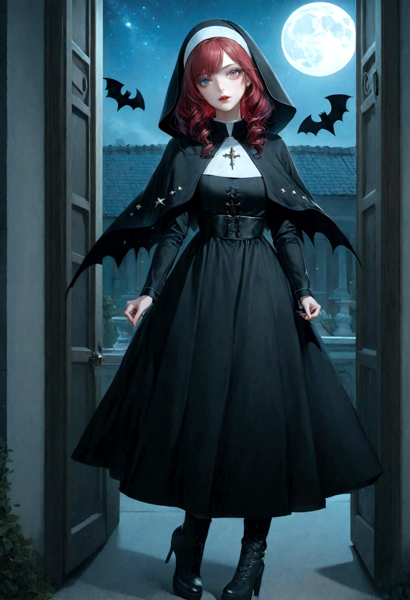 a picture of an exquisite beautiful female (nun: 1.3) vampire standing under the starry night sky on the porch of her monastary, action shot, dynamic angle (ultra detailed, Masterpiece, best quality), ultra detailed face (ultra detailed, Masterpiece, best quality), ultra feminine, (pale skin: 1.3), red hair, wavy hair, dynamic eyes color, cold eyes, glowing eyes, intense eyes, dark red lips, [fangs], wearing white nun habit (ultra detailed, Masterpiece, best quality), wearing blue cloak (ultra detailed, Masterpiece, best quality), long cloak, flowing cloak (ultra detailed, Masterpiece, best quality), wearing high heeled boots, sky full of stars background, moon, bats flying about, action shot, high details, best quality, 16k, [ultra detailed], masterpiece, best quality, (ultra detailed), full body, ultra wide shot, photorealism, dark fantasy art, dark fantasy art, gothic art, many stars, dark fantasy art, gothic art, sense of dread, bloodmagic