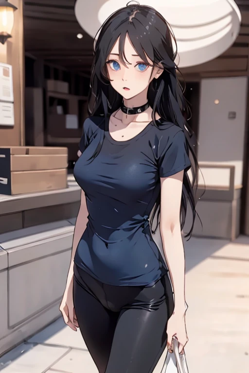black long straight hair, pretty , blue eye, collar, white skin, shy, best quality, young, short, tight black leggings, black t-shirt, fat