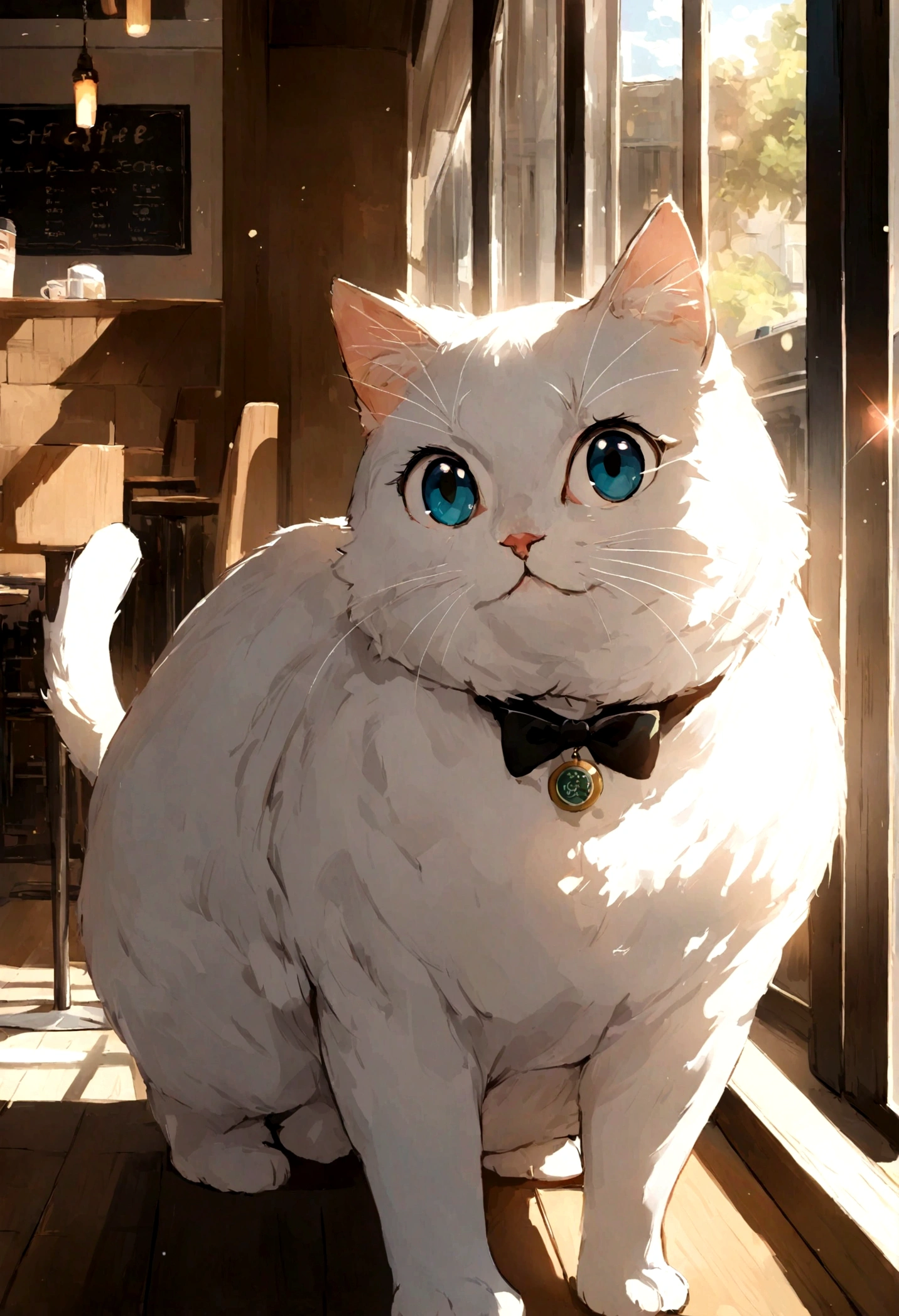 A cute cat with round eyes, At the coffee shop , Sunlight outside the window.