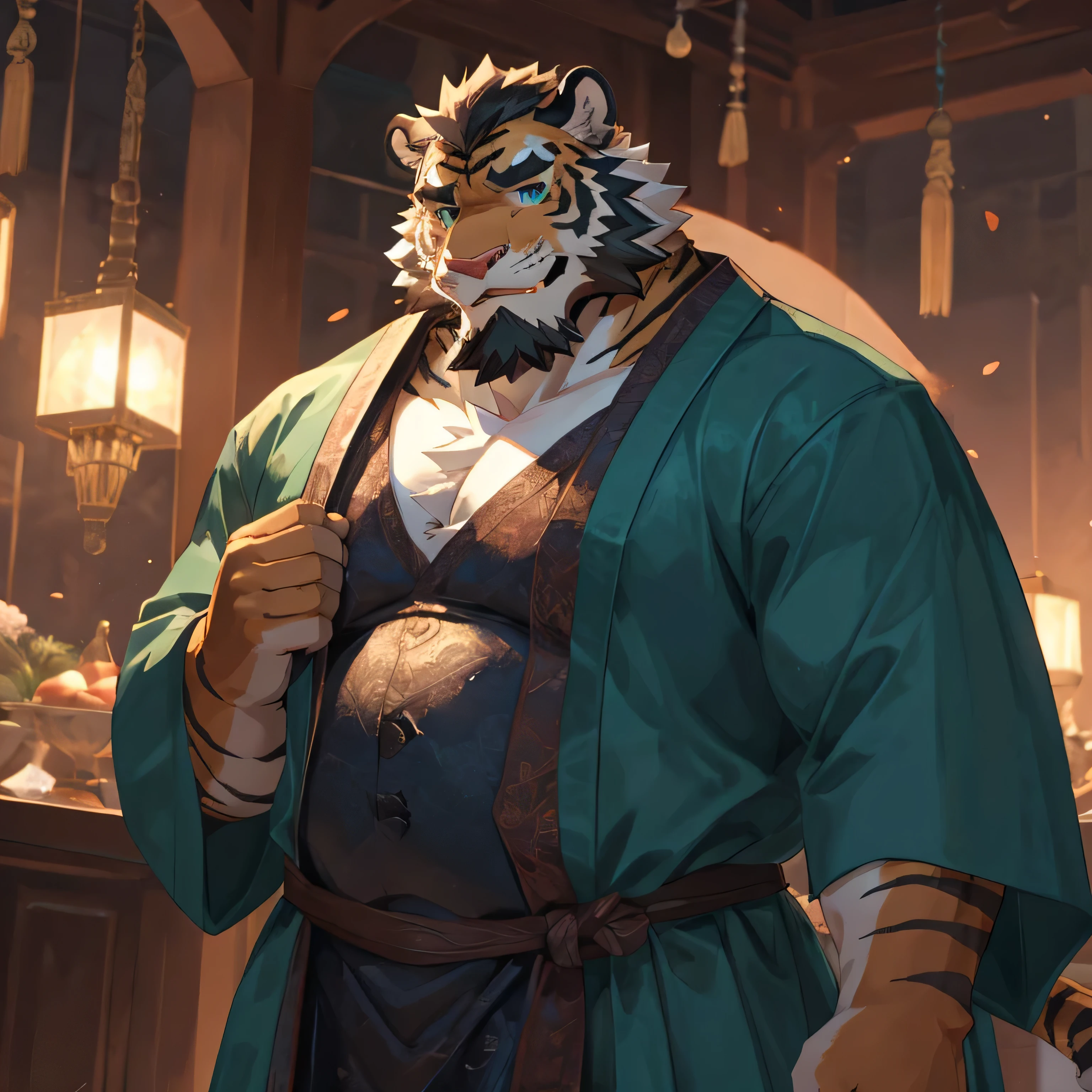 anthropomorphic tiger, um pouco fora de forma, com camisa de manga longa, musclegut, salmon colored fur, and your eyes are turquoise green. 30 anos, usando roupas medievais simples modestas e pobres, e um cachecou fucsia, facial hair, facial hair, seductive smile, determined, chiaroscuro, motion lines, bloom, anime style, accurate, UHD, high details, without background