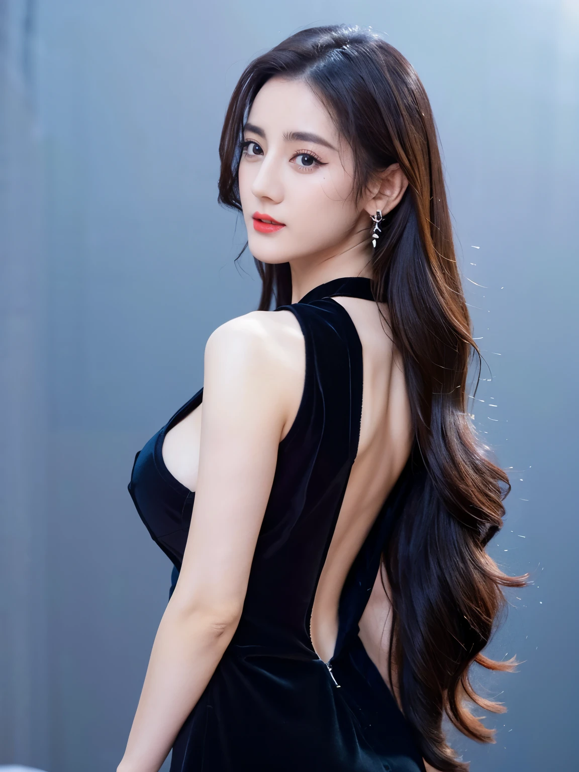 Ultra HD resolution,artistic photos,Photography,21year girl,earrings,long hair,Black background,Black backless dress,necklace,cowboy shot,H cup,Showing cleavage,Expose more breasts,Amazing breast size,Erect nipples,Nipple protrusion,Expose the areola,Bigger breasts,Smooth and beautiful back,Completely bare back,Cold white skin,Big buttocks,Clothes made of silk,Messy hair,Messy hair,Translucent clothing,Ruddy face,More transparent clothes