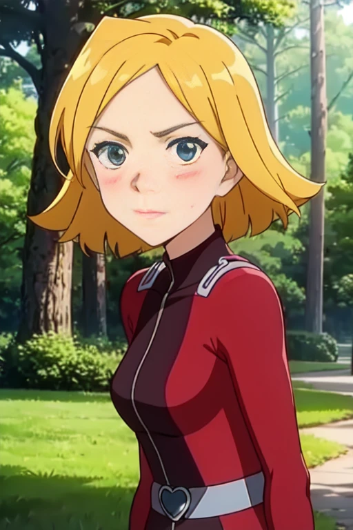 score_9, score_8_up, score_7_up, BREAK source_anime, 1girl, clover \(totally spies\), blonde hair, short hair, blue eyes, red bodysuit, belt, full-face blush, portrait, mushroom forest 