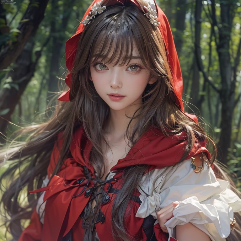 Standing in the forest、Hair flow、 ((highest quality、masterpiece、8k、Best image quality、Ultra-high resolution、Award-winning works)、(Accurate anatomy:1.1)、(Look at me and smile:1.1)、Shining fair skin with Ultra-high resolution、The most detailed face、Ultra-high resolution detailed face、Ultra-high resolutionの髪の毛、(Ultra-high resolution eye:1.1)、Beautiful face drawn in every detail、little red riding hood Costume , Chest to chest, Strange atmosphere, A real werewolf stares at her......, Dark Light, in the forest , Heavy makeup