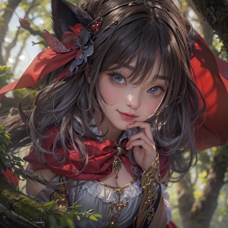 Standing in the forest、Hair flow、 ((highest quality、masterpiece、8k、Best image quality、Ultra-high resolution、Award-winning works)、(Accurate anatomy:1.1)、(Look at me and smile:1.hining fair skin with Ultra-high resolution、The most detailed face、Ultra-high resolution detailed face、Ultra-high resolutionの髪の毛、(Ultra-high resolution eye:1.1)、Beautiful face drawn in every detail、little red riding hood Costume , Chest to chest, Strange atmosphere, A real werewolf stares at her......, Dark Light, in the forest , Heavy makeup