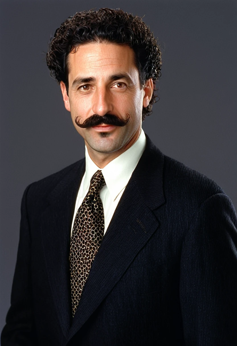 forty year old jewish man, dark permed hair, bushy mustache, round head, mischievous, 1996, lawyer, designer suit, photorealistic, three-quarter shot, blank background