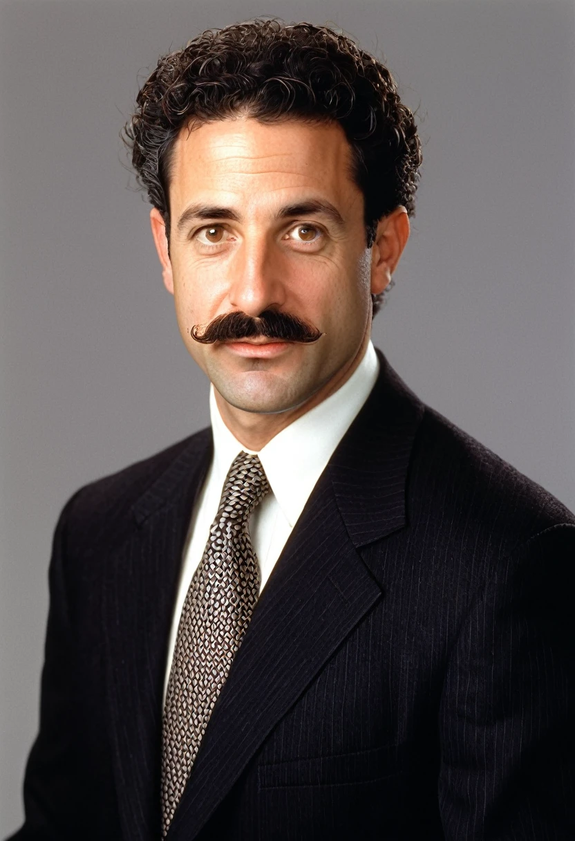 forty year old jewish man, dark permed hair, bushy mustache, round head, mischievous, 1996, lawyer, designer suit, photorealistic, three-quarter shot, blank background