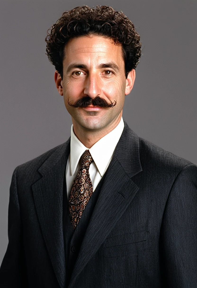 forty year old jewish man, dark permed hair, bushy mustache, round head, mischievous, 1996, lawyer, designer suit, photorealistic, three-quarter shot, blank background