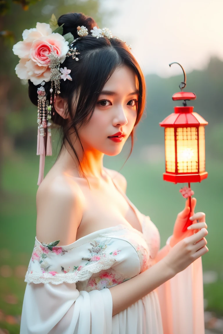 hands_, 1girl, lantern, hair ornament, flower, hair flower, paper lantern, black hair, red lips, looking at viewer, chinese clothes, large breasts, holding, dress, blurry, solo focus, long hair, black eyes, realistic, bare shoulders, white dress, lips, night, lipstick, outdoors, upper body, blurry background, solo, makeup, hair bun
