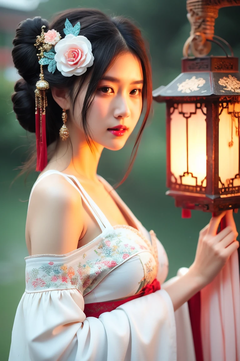 hands_, 1girl, lantern, hair ornament, flower, hair flower, paper lantern, black hair, red lips, looking at viewer, chinese clothes, large breasts, holding, dress, blurry, solo focus, long hair, black eyes, realistic, bare shoulders, white dress, lips, night, lipstick, outdoors, upper body, blurry background, solo, makeup, hair bun
