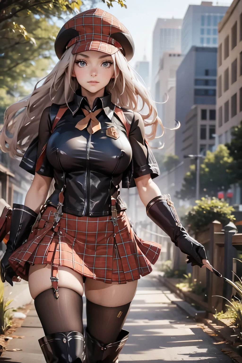 ((mysterious mountain path)), (finely detailed eyes and detailed face:1.3), (extremely fine and beautiful:1.1), (Perfect details:1.1), ((gros seins)), ((jambes grasses)), alisa Ilinichina, God Eater, 1girl, solo, long hair, skirt, gloves, hat, boots, black gloves, elbow gloves, plaid, red skirt, plaid skirt, suspenders, red headwear, suspender skirt, cabbie hat, black vest, tighthighs