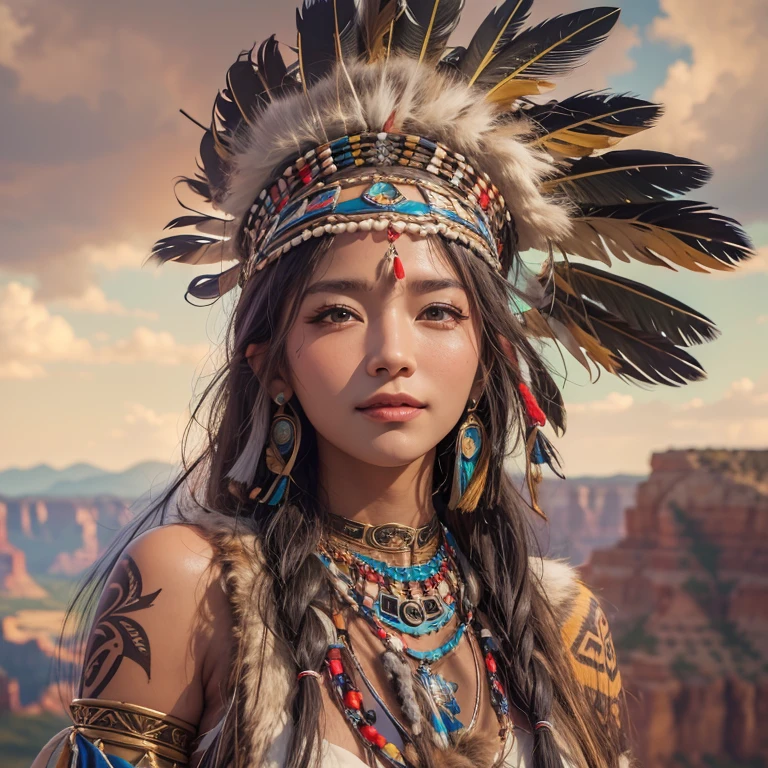 At the Grand Canyon、Hair flow、 ((highest quality、masterpiece、8k、Best image quality、Ultra-high resolution、Award-winning works)、(Accurate anatomy:1.1)、(Look at me and smile:1.1)、Shining fair skin with Ultra-high resolution、The most detailed face、Ultra-high resolution detailed face、Ultra-high resolutionの髪の毛、(Ultra-high resolutionの煌めく瞳:1.1)、Beautiful face drawn in every detail、(Blurred Background:1.1)、Native American Costume, American Indian Clothing, Chest to chest, tattoo、A real giant condor next to you。