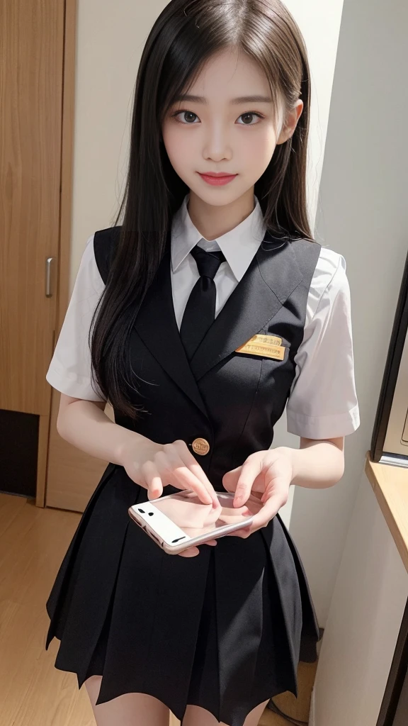  (high quality), (NSFW:1.2), Split screen vertically, 1 girl and 1 man are dating online by exchanging own photos and messages using a smartphone chatting app, 18 years old, korean, long distance relationship, The text is written in English., they weared korean high school uniforms, whole body, Focus your eyes on your phone screen and be happy, Upload your photos to an online community using a smartphone app, Men are crazy about her posts online, just like cartoon cuts., They&#39;re sending her messages asking to chat, You are amused by their reactions,  light makeup, slim figure, (girl weared thin and natural pantyhose : 1.9), (girl weared slim high_school uniform_pencil skirt and blouse : 1.6),(a man weared high school uniform_shirts and pants:1.5), (they weared school uniform_blazer and tie), One woman and several men, Men&#39;s and women&#39;s cuts are separated