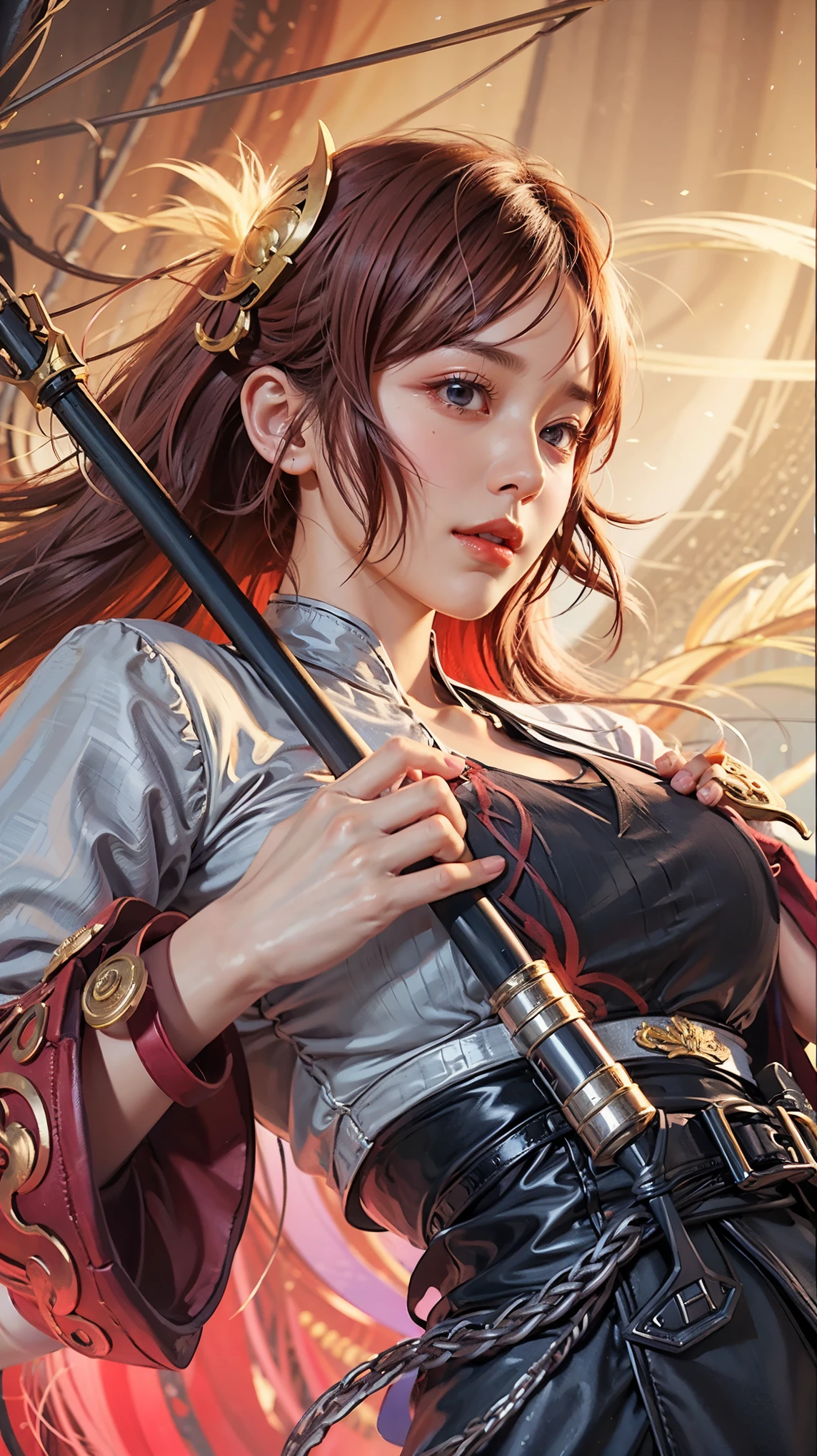 a close up of a girl (kagura from mobile legends) pink&red hair , and blue eyes, big booobs , shadowbringers cinematic, 4 k detail fantasy, a beautiful fantasy empress, game cg, xianxia fantasy, xianxia hero, 2. 5 d cgi anime fantasy artwork, cinematic goddess close shot, ruan jia and artgerm, wow 4 k detail fantasy, hyperdetailed fantasy character
