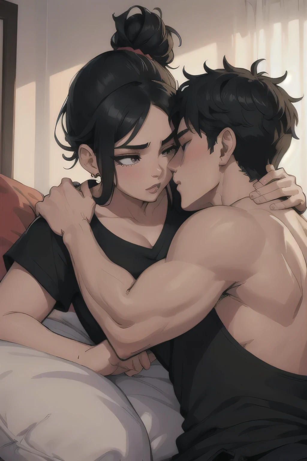 Amazing portrait of a sexy woman with her messy bun hair tied in a black hairband wearing alluring earrings and black v-neck t-shirt kissing and making out passionately with a shirtless boy on the bed in an intimate setting