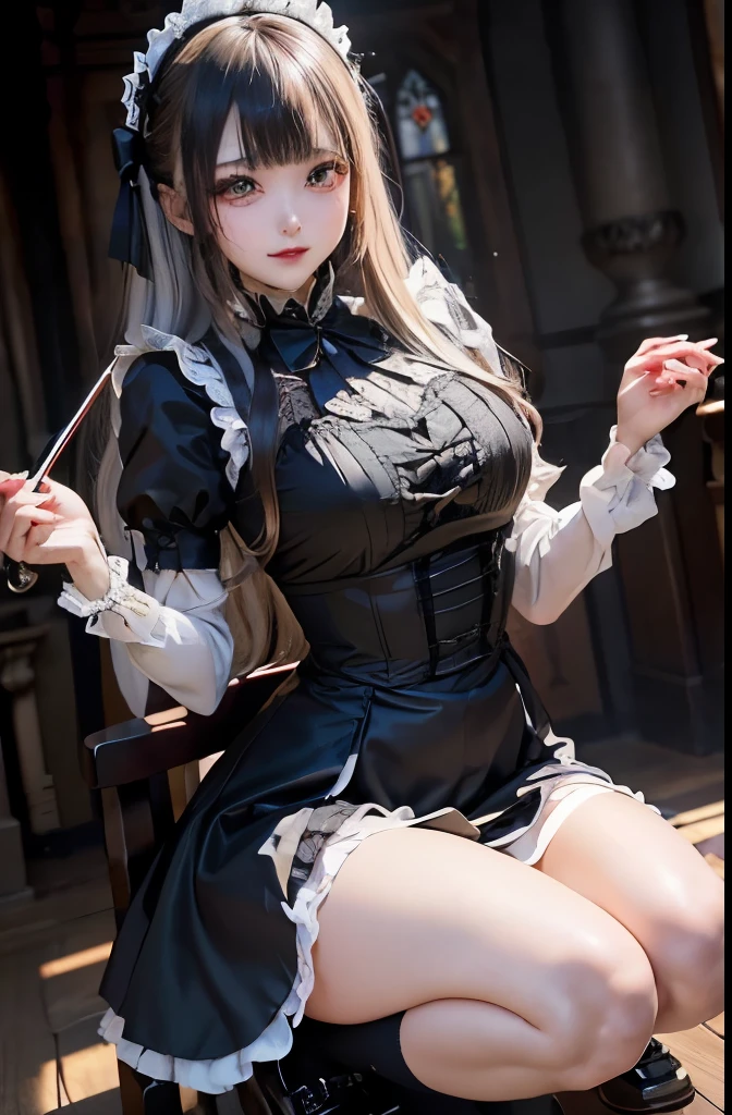 ハードDark Gothicメイク、Deep Night Sky、Horror、Black dark eyeshadow、sad、Good skin radiance、Dark Gothicメイク、Dark smile、palace、24-years-old、Embarrassed look、Dark Gothic、Obscene language、highest quality、Drunk face、紫のMaid clothes、Mysterious、Noble、sexy、Loving smile、Right blue eye, Left eye is red、Platform Heel Shoes、Heavy makeup、Gothic Lolita clothes、Silver Hair、Long Hair Straight Hair、Cute Gothic Lolita Dress、Beautiful Face、elegant features、Attractive face、Stained glassが背景、Chest glistening with sweat、The room is dark、gothic long dress、Bell Sleeves、Wizard Sleeve、Decadent look、Sexually excited expression、Glossy thighs wet with water、Thighs that are wet and shiny with oil、Background of a room full of roses、The embroidery is pink、The dress has pink embroidery.、Thigh-high socks、Knee-high socks、Gentle expression、Dark black eyeshadow、Stained glassと薔薇背景、Female Duo、Female couple、dark church background、Stained glass、Black metal world、Dark Castle、Slender body、gothic long dress、Maid clothes、Victorian dress、Her thighs are shining with sweat、My body is wet and shiny、Lots of glitter on the thighs、My thighs are sticky with sweat、Sweat glistening on my thighs, The whole body is sweaty and shiny、I sweated a lot.、My thighs are sweaty、My thighs are wet、My thighs are shining with sweat、A lot of sweat glistening all over the body、Small breasts、Orchestra Stage、Dynamic Angle、Sitting in a Gothic chair、Play the violin gracefully、On the violin、Press the violin strings、violinist、Orchestra performance、thin太もも、thin、